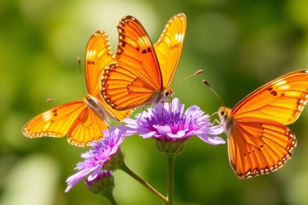 Drei orangefarbene Schmetterlinge, die auf einer Blume sitzen