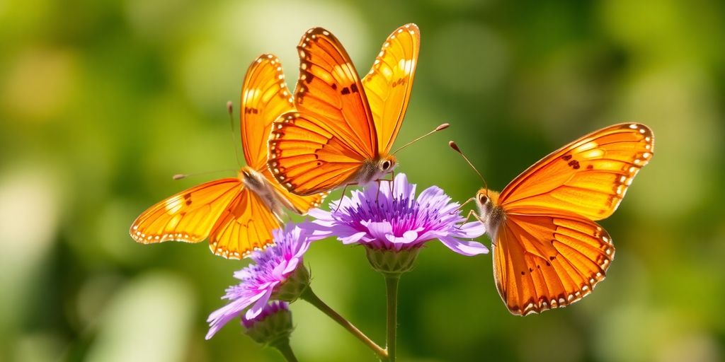 Drei orangefarbene Schmetterlinge, die auf einer Blume sitzen