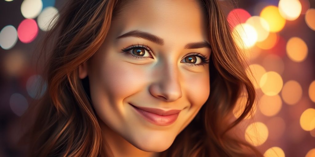 Junge Frau posiert, lächelt, helle Lichter im Hintergrund.
